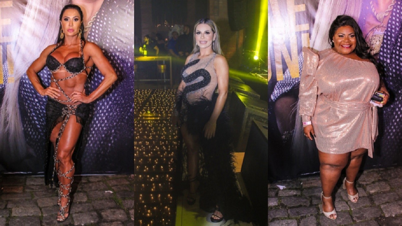 Gracyanne Barbosa com top, saia com fenda e barriga de fora, Deolane Bezerra usa body transparente com serpente em cristais e Jojo Todynho de vestido rose na festa da viúva de MC Kevin