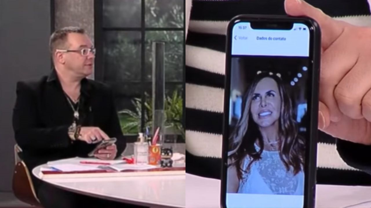 Montagem de Felipeh Campos com o celular na mão e foto de Gretchen em outro aparelho