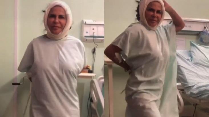 Gretchen samba em quarto de hospital, com o rosto enfaixado
