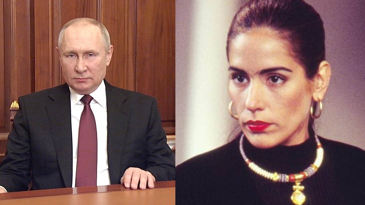 Vladimir Putin posado na mesa presidencial; Gloria Pires na pele de Raquel em Mulheres de Areia