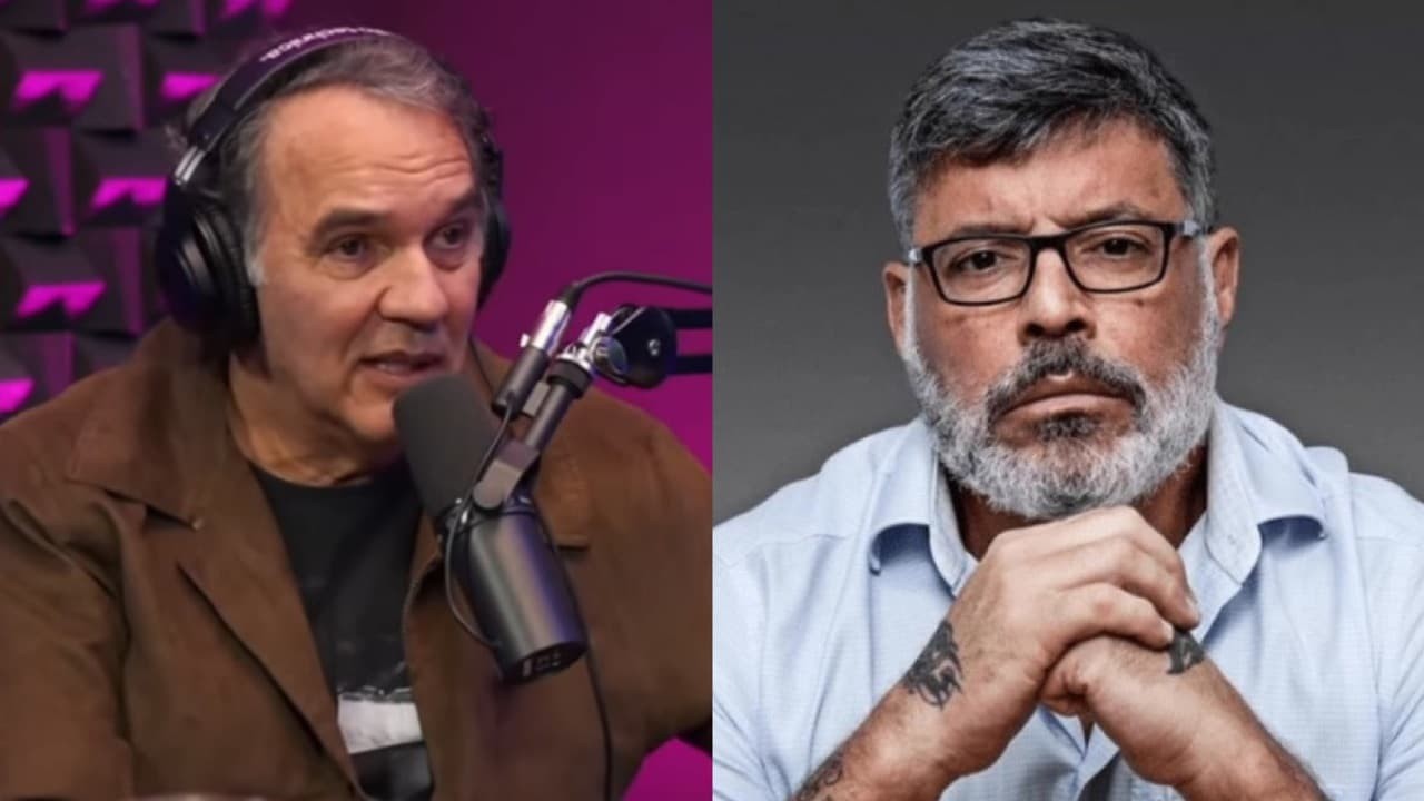 À esquerda, Humberto Martins no podcast Papagaio Falante; à direita, Alexandre Frota posa com a cabeça sobre as mãos cruzadas