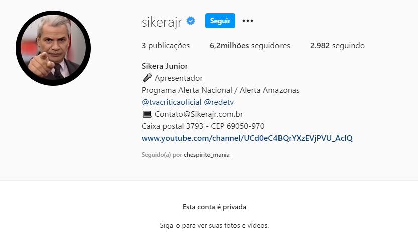 Sikêra Jr. volta ao Instagram com perfil fechado e postagens excluídas
