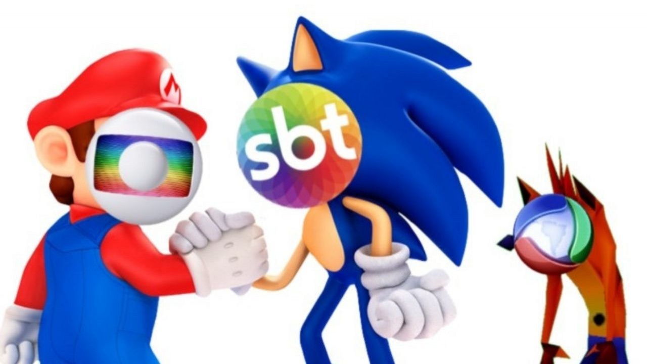 Ilustração de Mario Bros, Sonic e Crash representando Globo, SBT e Record