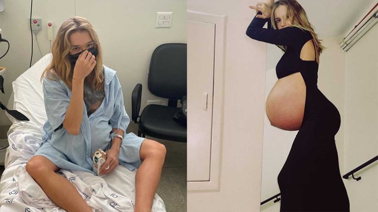 Isabella Scherer em cama de hospital; Isabella Scherer grávida posada encostando na parede