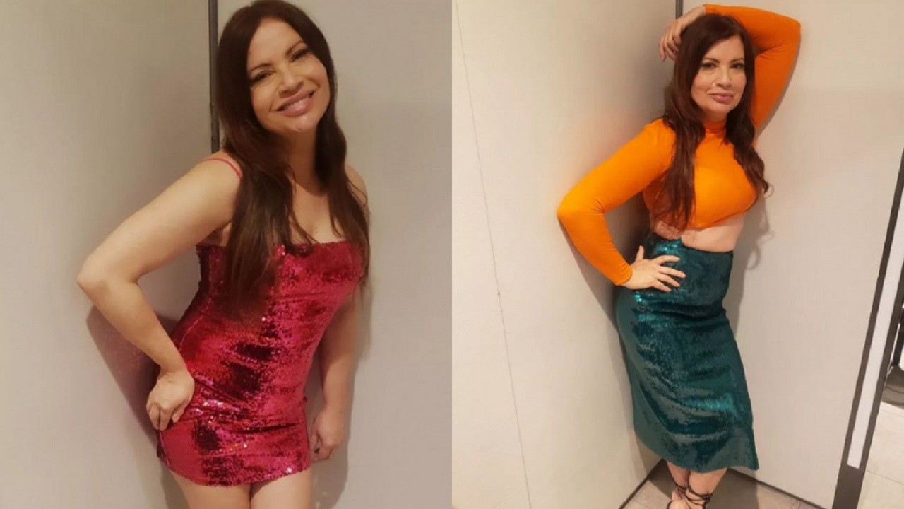 Isadora Ribeiro em duas fotos: De mini vestido vermelho, com a mão na cintura e de saia verde longa e cropped laranja, com uma mão na cintura e outra acima da cabeça