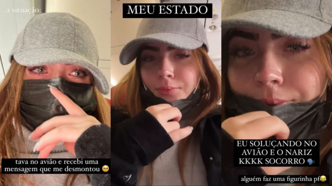 Jade Picon aparece chorando nos stories do Instagram. Nas fotos, ela usa um boné cinza e uma máscara de proteção preta