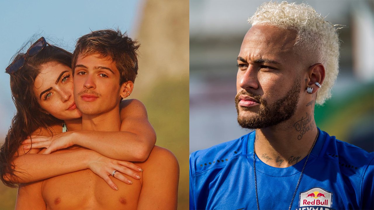 Neymar sério e ao lado foto entre João Guilherme e Jade Picon abraçados