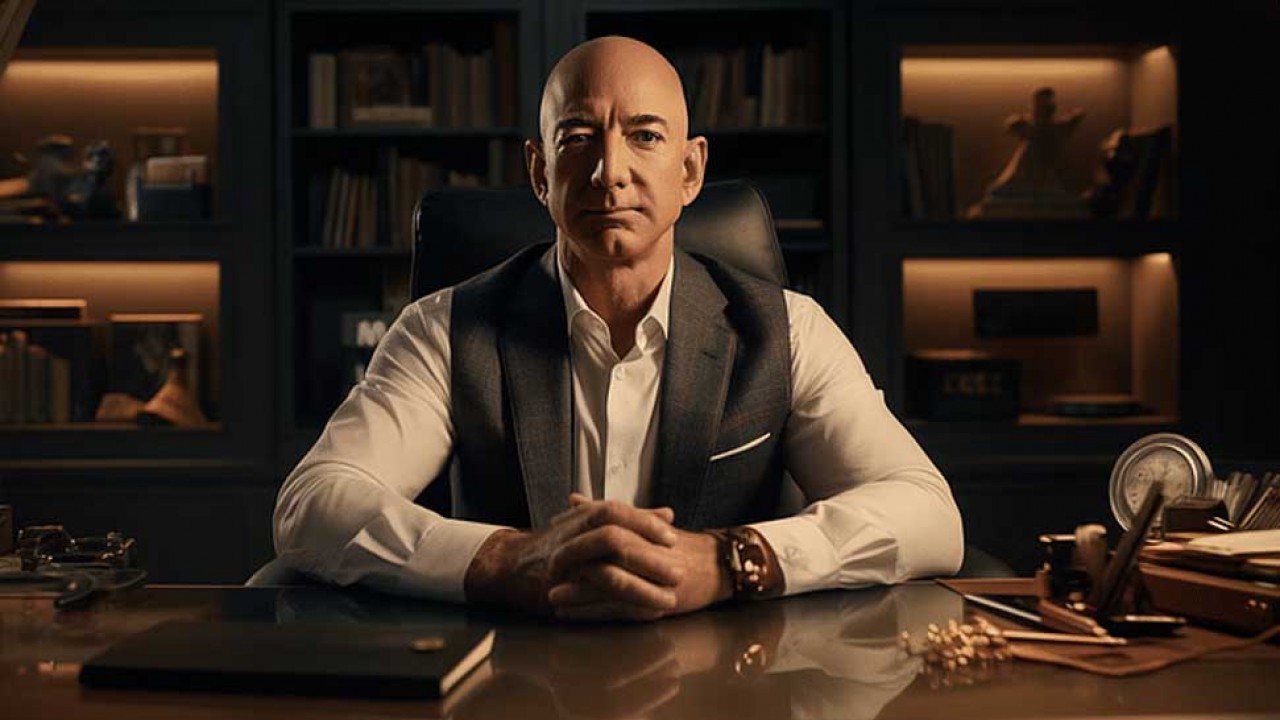 Jeff Bezos sentado de maneira trifunfal