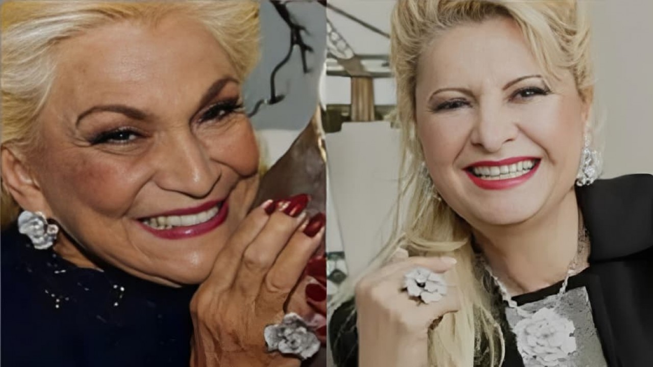 Montagem de fotos de Hebe Camargo e Lilian Gonçalves usando o mesmo conjunto de joias