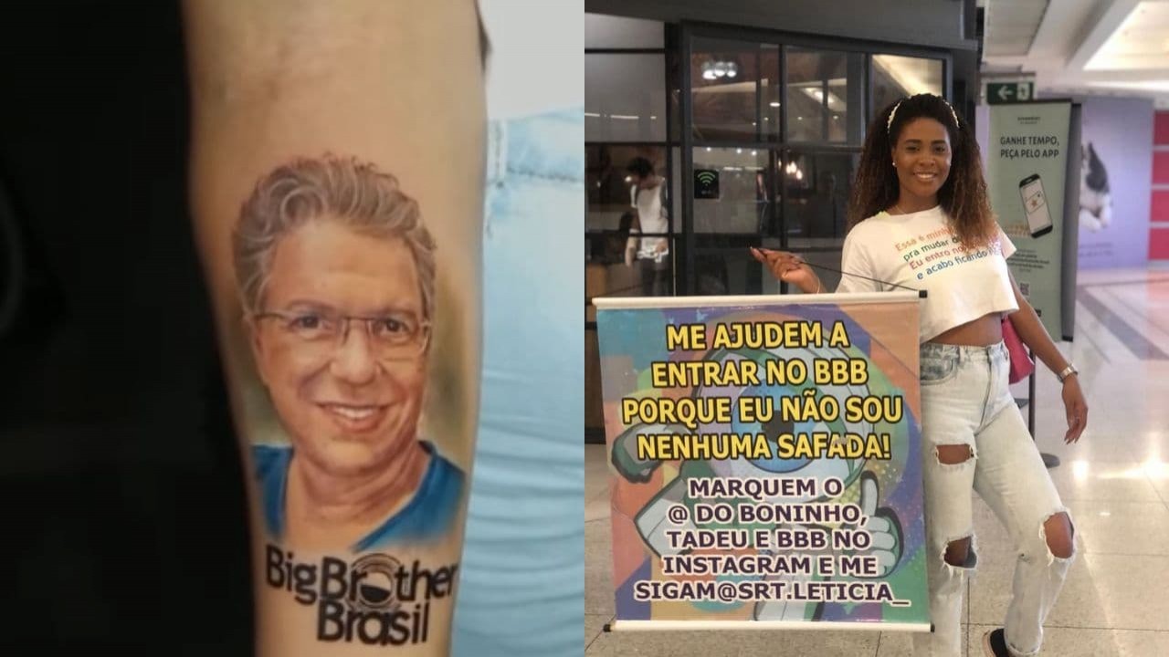 Montagem de fotos de braço tatuado com rosto de Boninho e Leticia Santos com cartaz