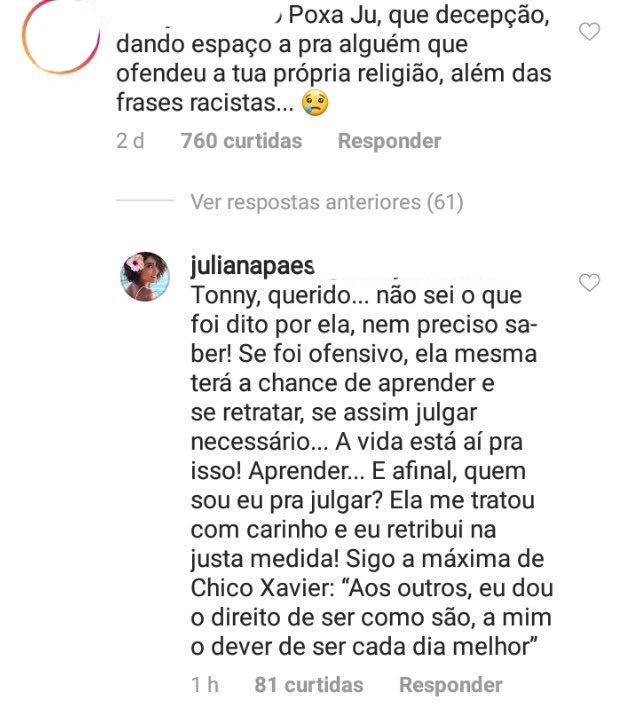 Juliana Paes passa sermão em seguidor que criticou Paula do \"BBB19\"