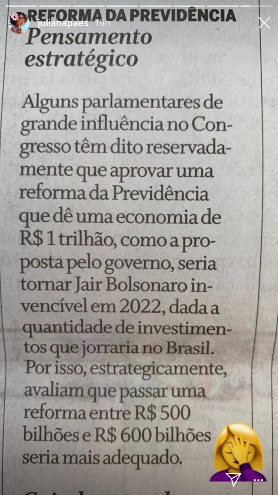 Juliana Paes copia Regina Duarte e defende Bolsonaro na internet
