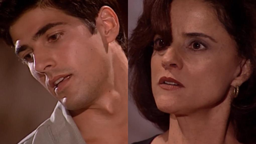 Reynaldo Gianecchini leva tapa na cara de Marieta Severo em cena da novela Laços de Família, em reprise na Globo