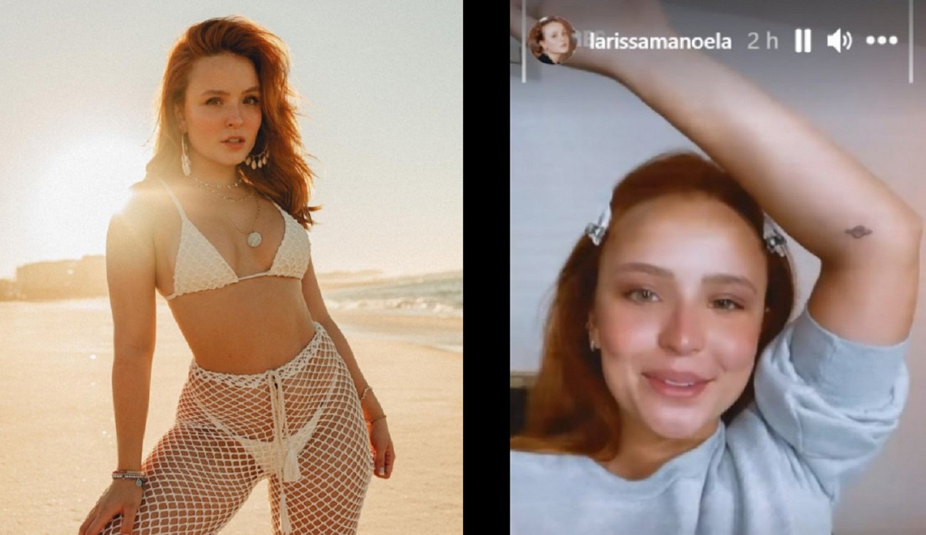Montagem com duas fotos: Larissa Manoela posa na praia de biquíni e saia transparente e mostra tatuagem de saturno no braço esquerdo