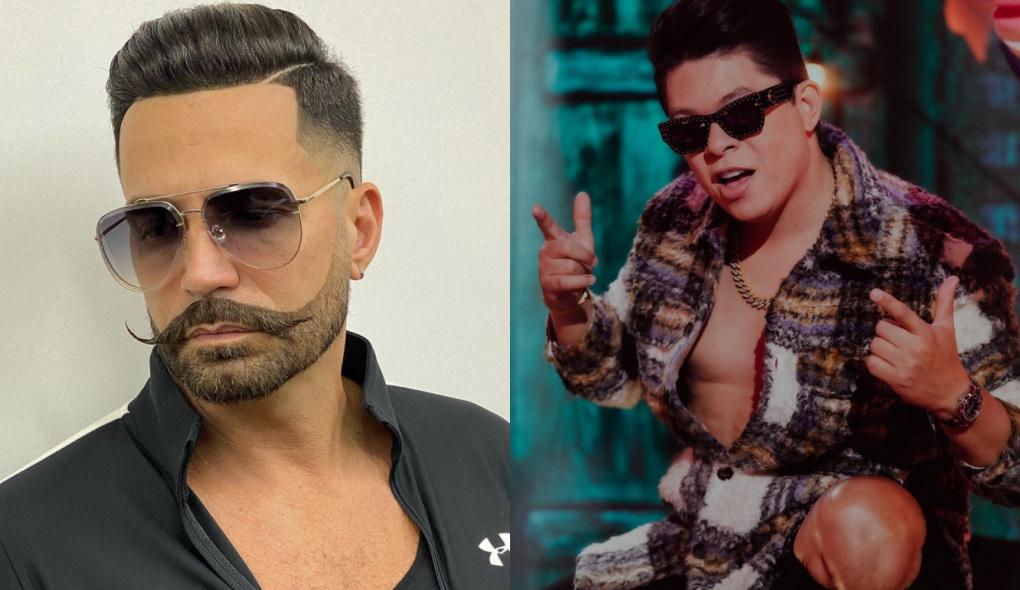 Montagem com o cantor Latino de óculos escuros e bigode e DJ Ivis de óculos e camisa com botão aberto