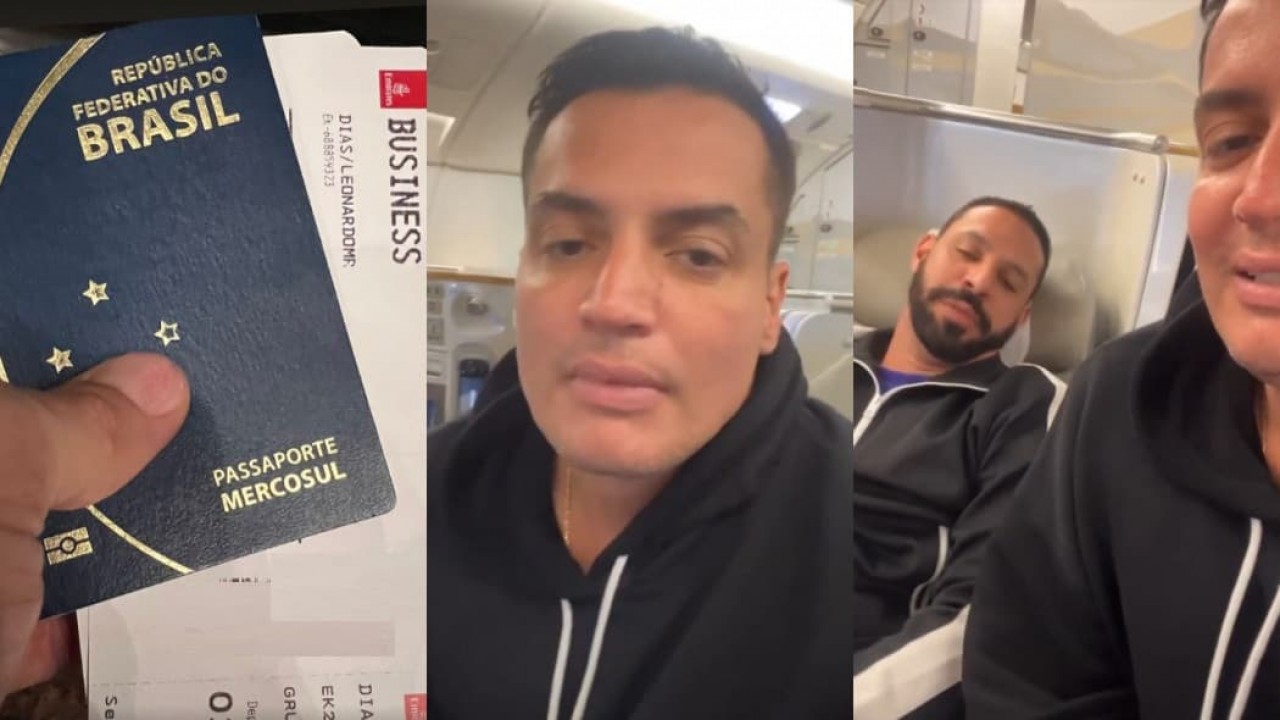 Leo Dias exibe passaporte e posa com namorado em avião