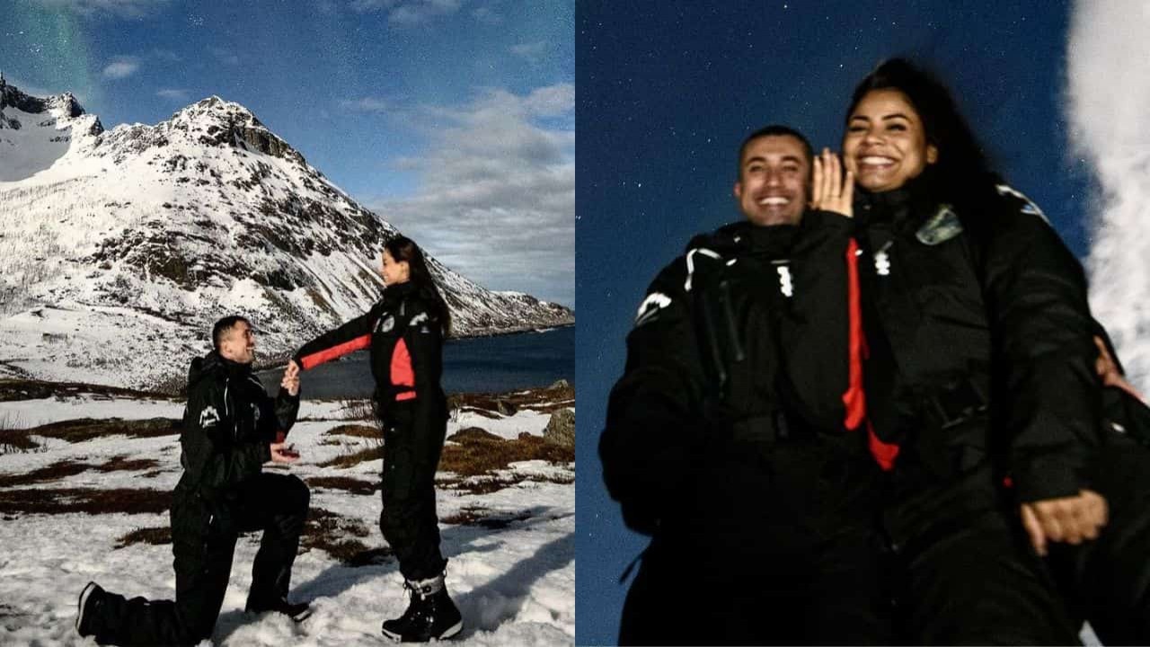 Montagem de fotos do momento em que Ricardo Vianna pediu Lexa em casamento, na neve