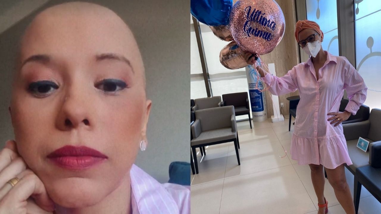 Lilian Ribeiro em selfie e também em foto com balões, vestindo roupa cor de rosa