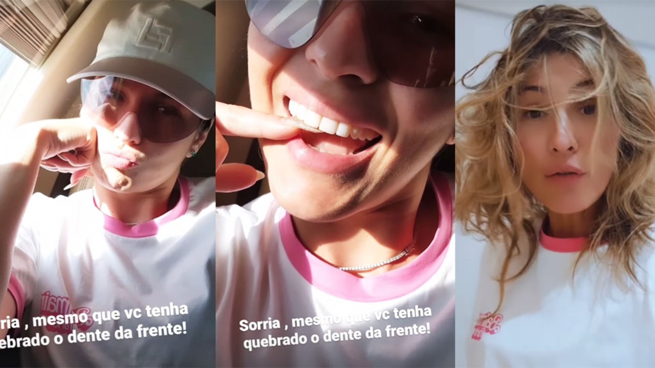 Montagem de fotos com Lívia Andrade mostrando os dentes e toda descabelada