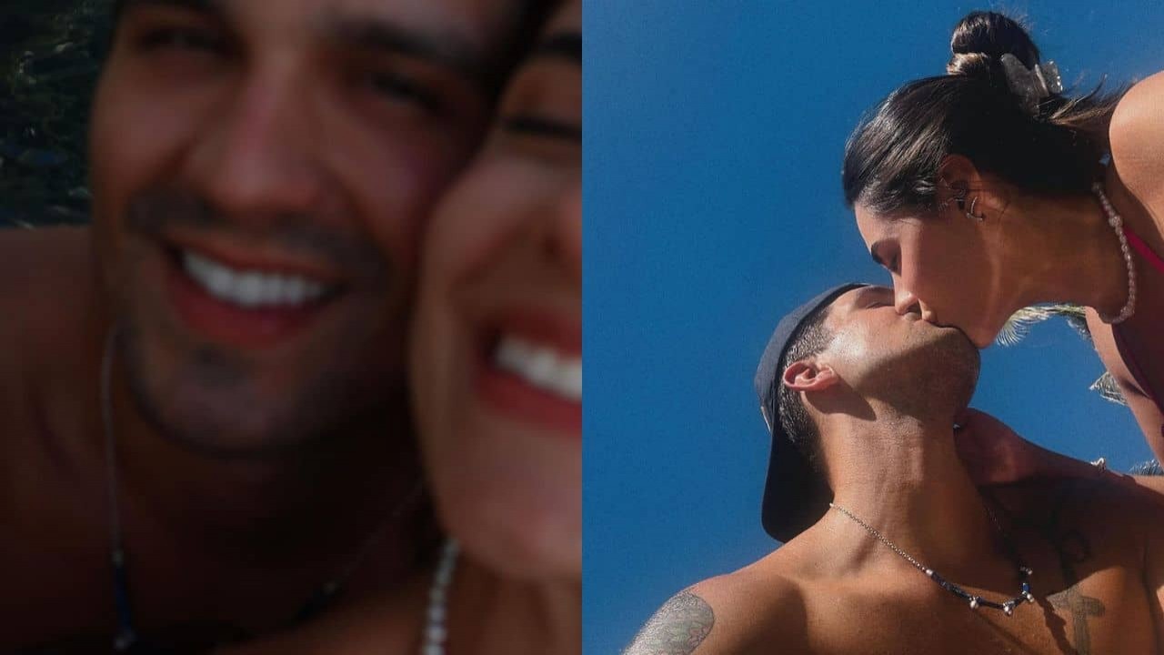 Montagem de fotos de Luan Santana com Jade Magalhães, sorrindo e beijando