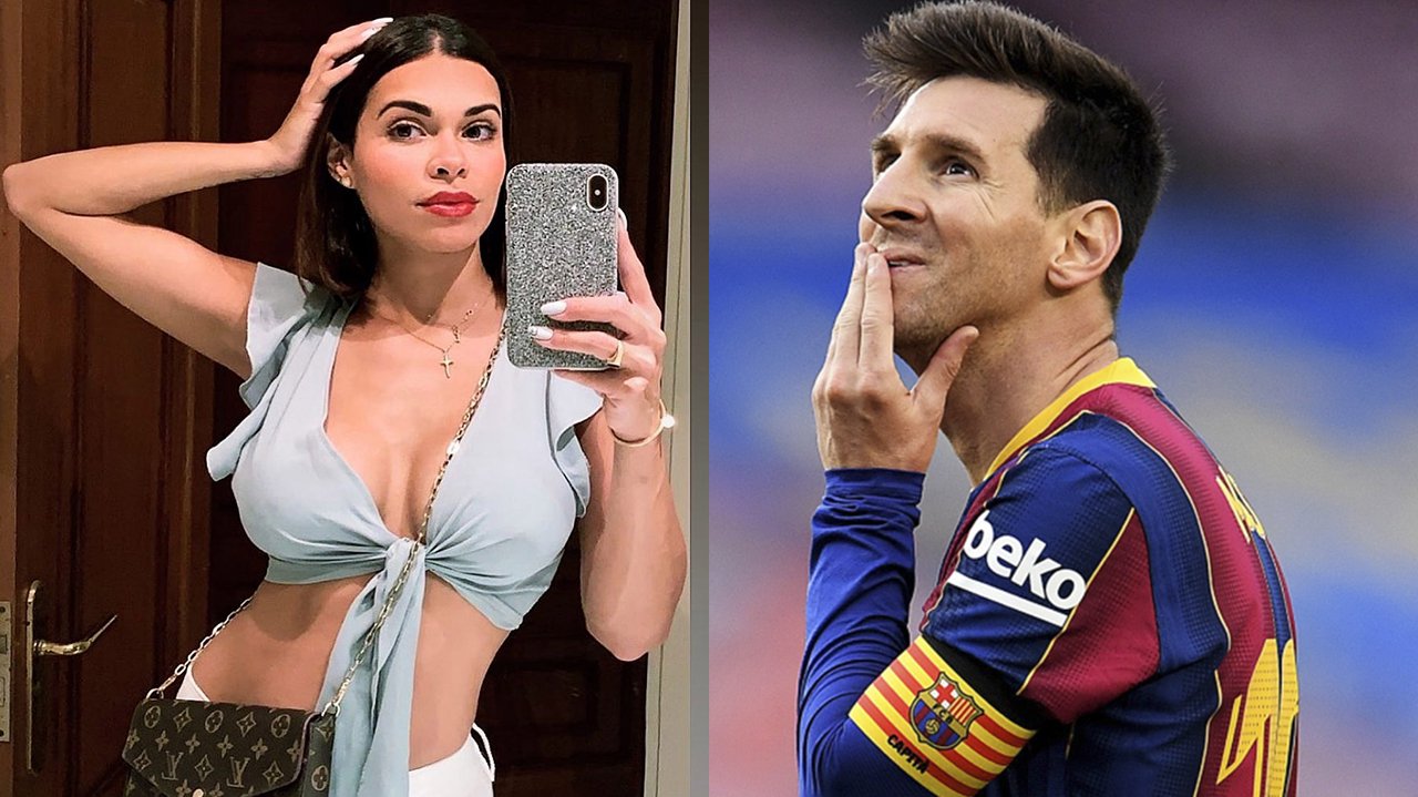 Luana Sandien posando com celular, à esquerda, Messi pensando, à direita