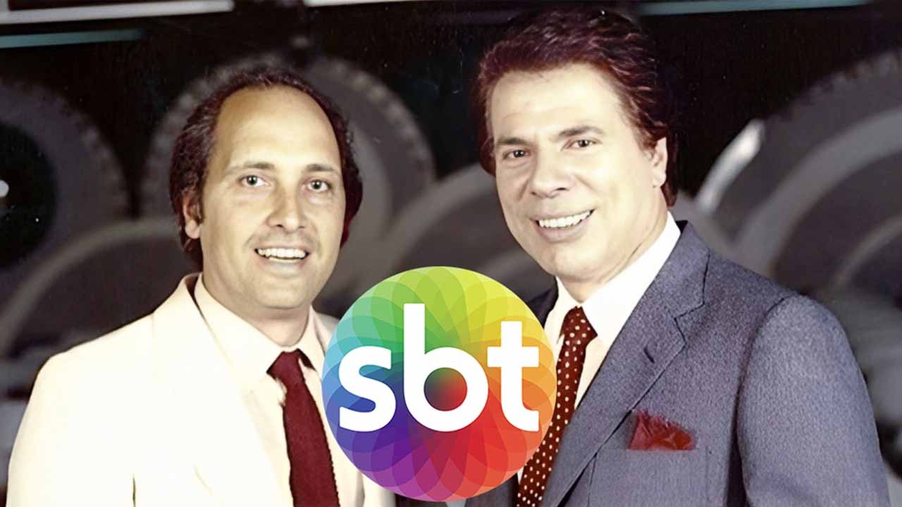 Luciano Callegari e Silvio Santos numa montagem com o logotipo do SBT
