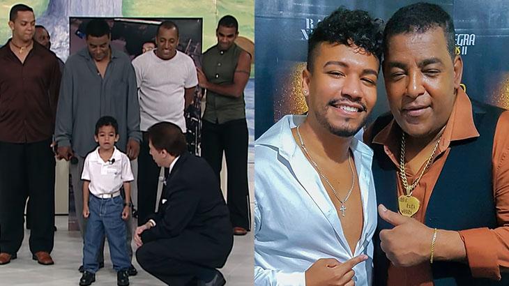 Luis Sales com o Raça Negra, no SBT, em 2000; à direita, rapaz reencontra o vocalista, Luiz Carlos, em show