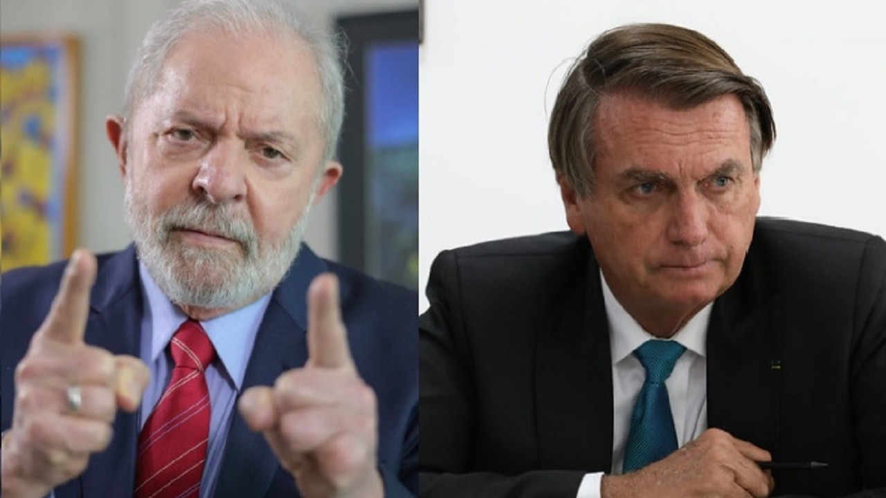 Lula fazendo sinal com os dedos e Bolsonaro sério
