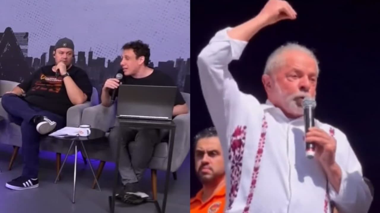 Rodrigo Morgado e Samy Dana no programa Pânico, da Jovem Pan, e Lula em discurso