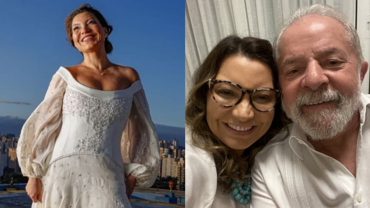 À esquerda, Janja posa vestida de noiva; à direita, a noiva abraça Lula em foto postada no Twitter