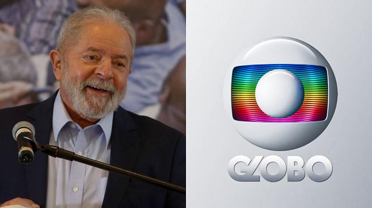Lula em coletiva de imprensa (à esquerda) e logotipo da Globo (à direita) em foto montagem