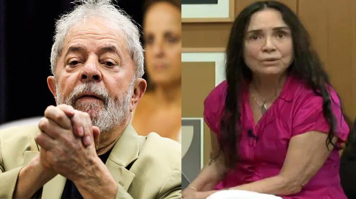 Lula com mãos juntas, esperançoso; Regina Duarte descontente