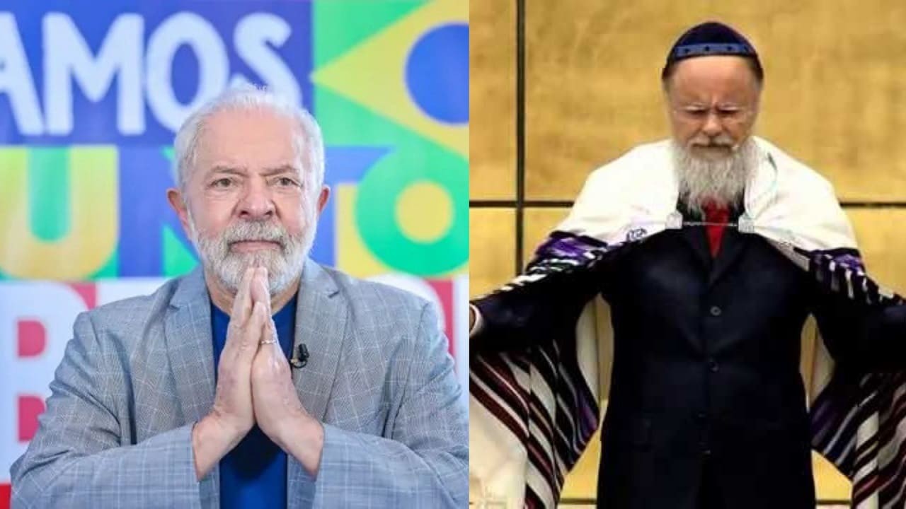 Lula de mãos unidas e Edir Macedo orando em uma foto montagem