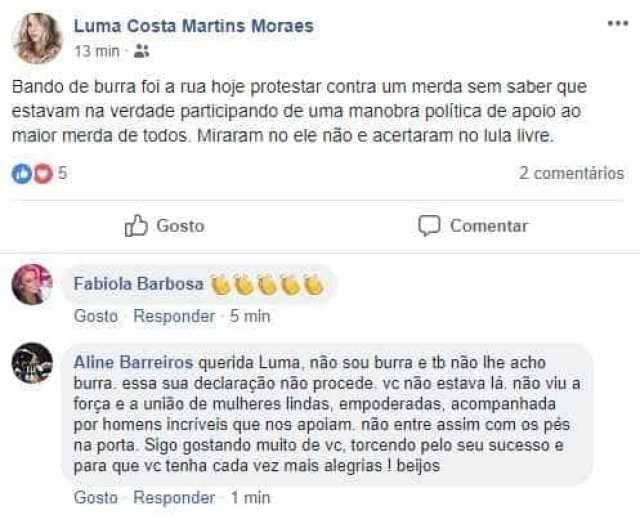 Luma Costa chama mulheres que participaram de ato contra Bolsonaro de \"burras\"