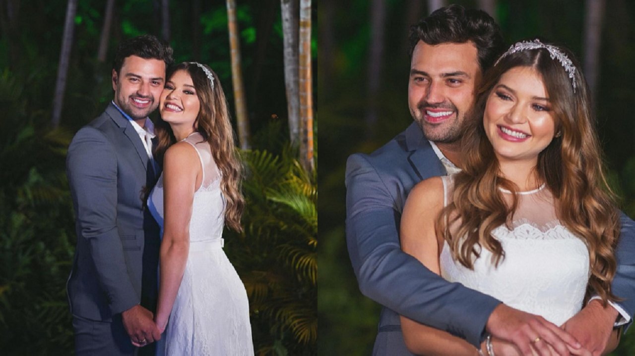 Lyandra Costa, filha do cantor Leandro, posa abraçada com o noivo, Lucas Santos