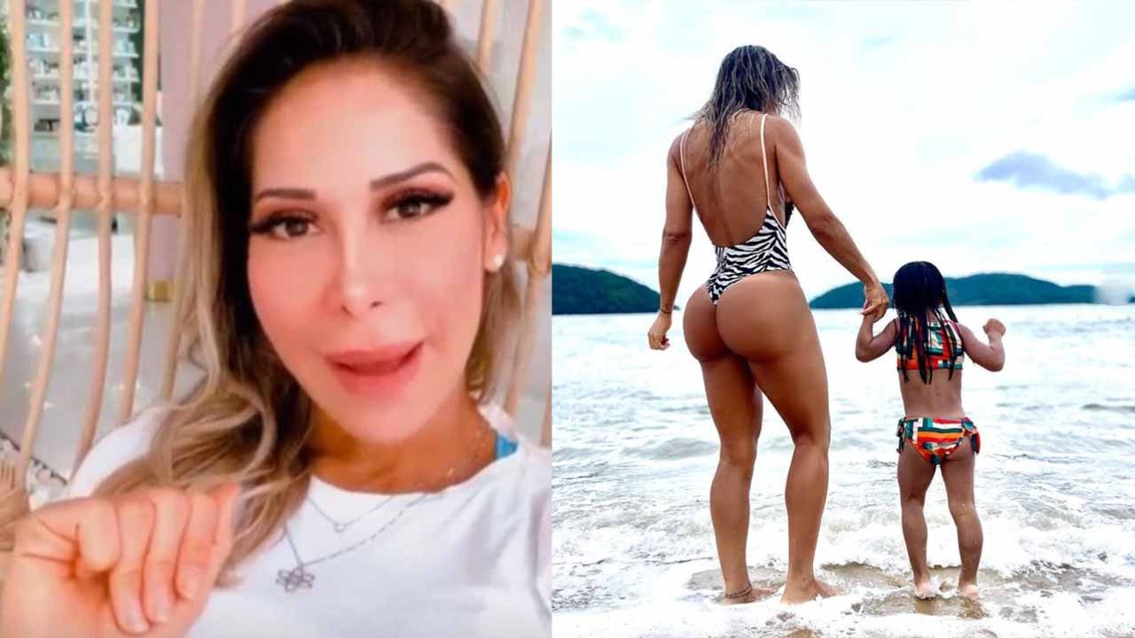 Maíra Cardi fazendo selfie; Maíra Cardi de maiô entrando no mar com a filha de costas