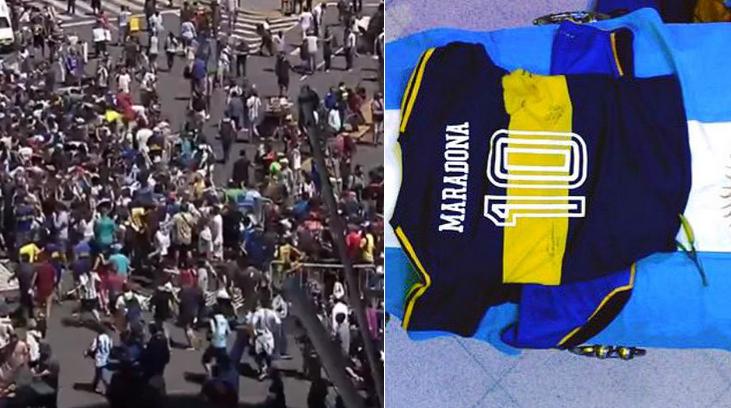 Foto montagem do confronto da polícia e fãs de Maradona e o caixão do ídolo argentino