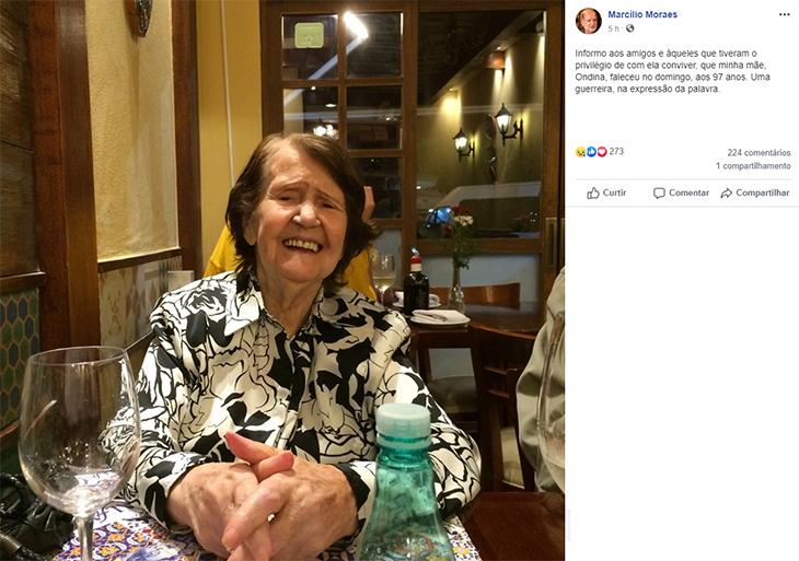 Aos 97 anos, morre mãe do autor Marcílio Moraes