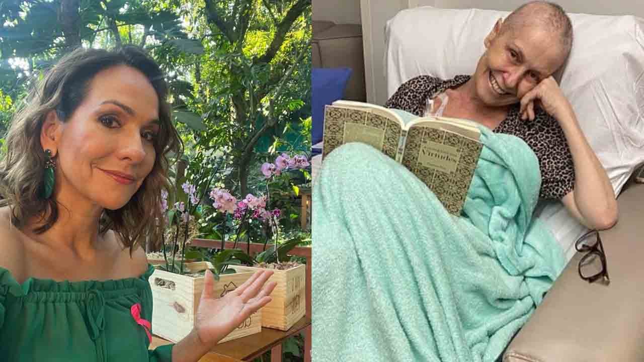 Maria-beltrão com a mão levantada; Susa Naspolini em quarto de hospital lendo um livro