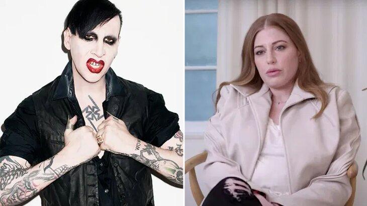 Marilyn Manson posado, abrindo jaqueta; modelo em entrevista