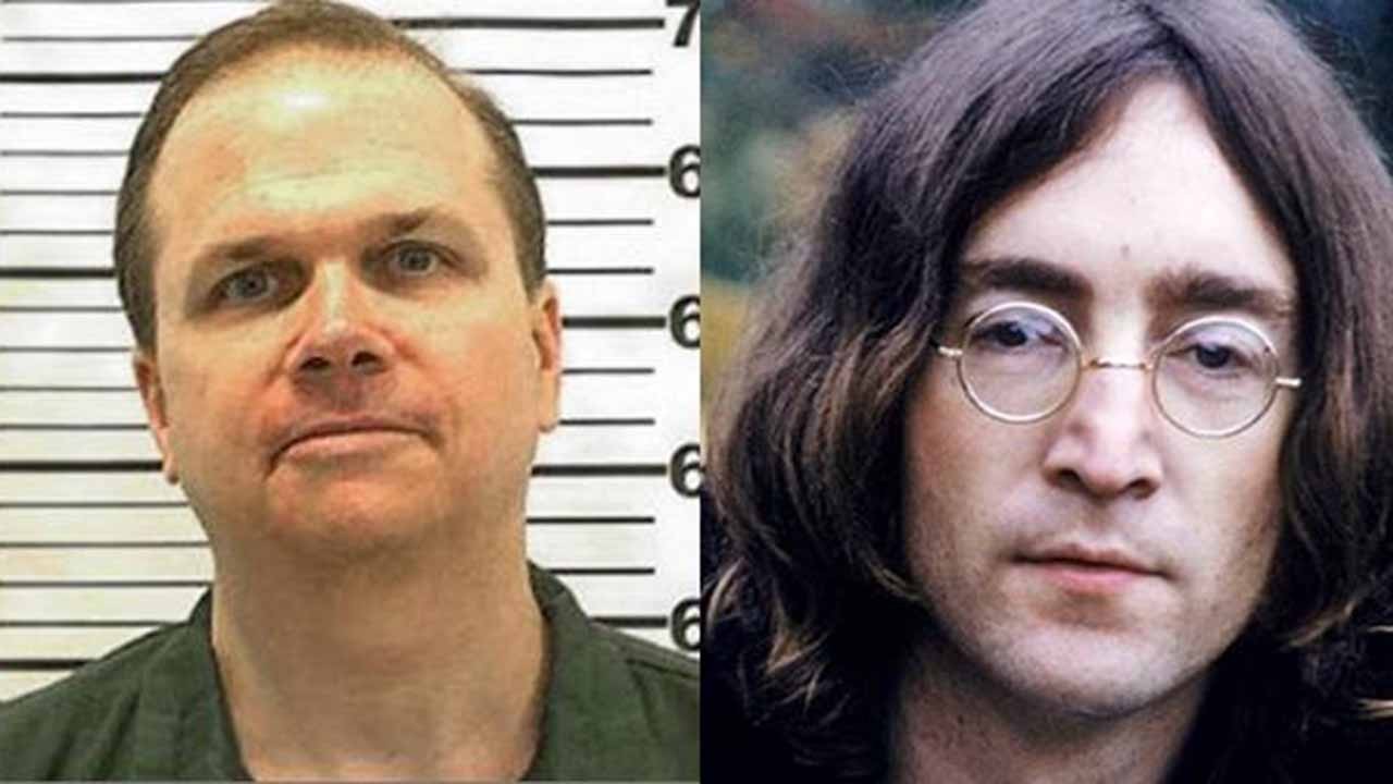 Mark Chapman em foto condenado; John Lennon de cabelos grandes e óculos posado