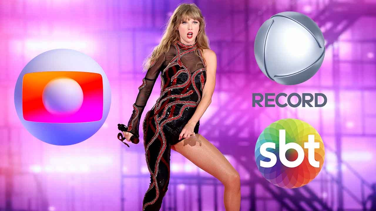 Montagem com os logos da Globo, Record e SBT com a cantora Taylor Swift