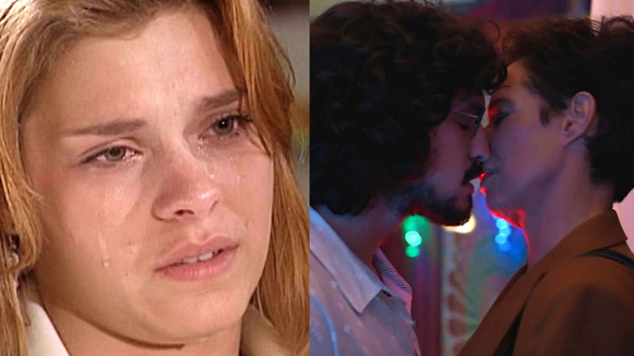 Camila chorando; Rebela e Felipe se beijando