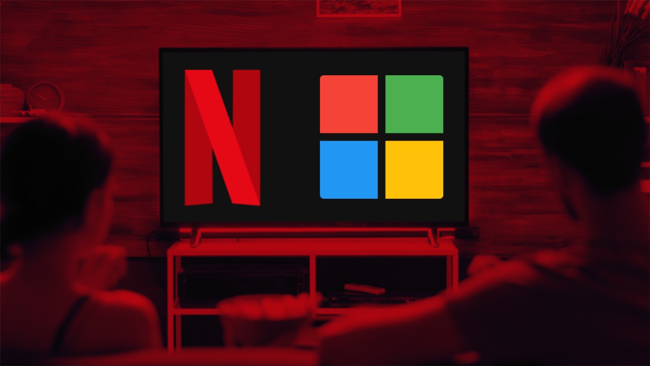 Arte com os logos da Netflix e Microsoft numa televisão