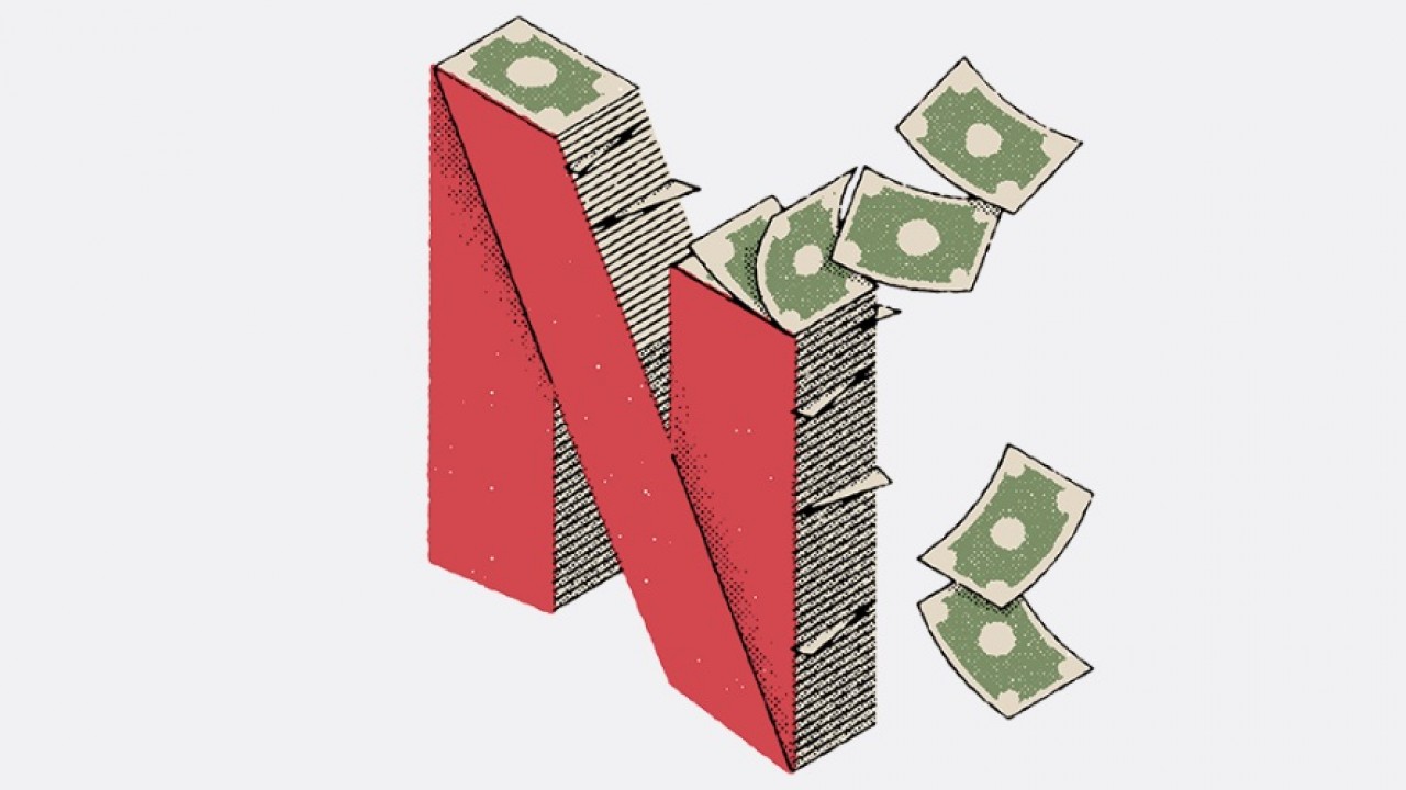 Arte do N da Netflix caindo notas de dólares