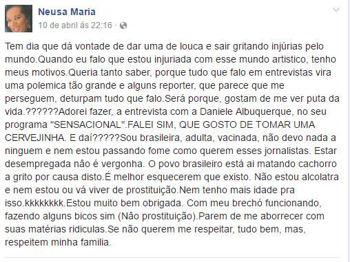 Neusa Borges desabafa em rede social: \"não estou alcoólatra e nem me prostituindo\"