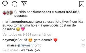 Marília Mendonça posta foto sorridente e Neymar diz: \"gata demais\"