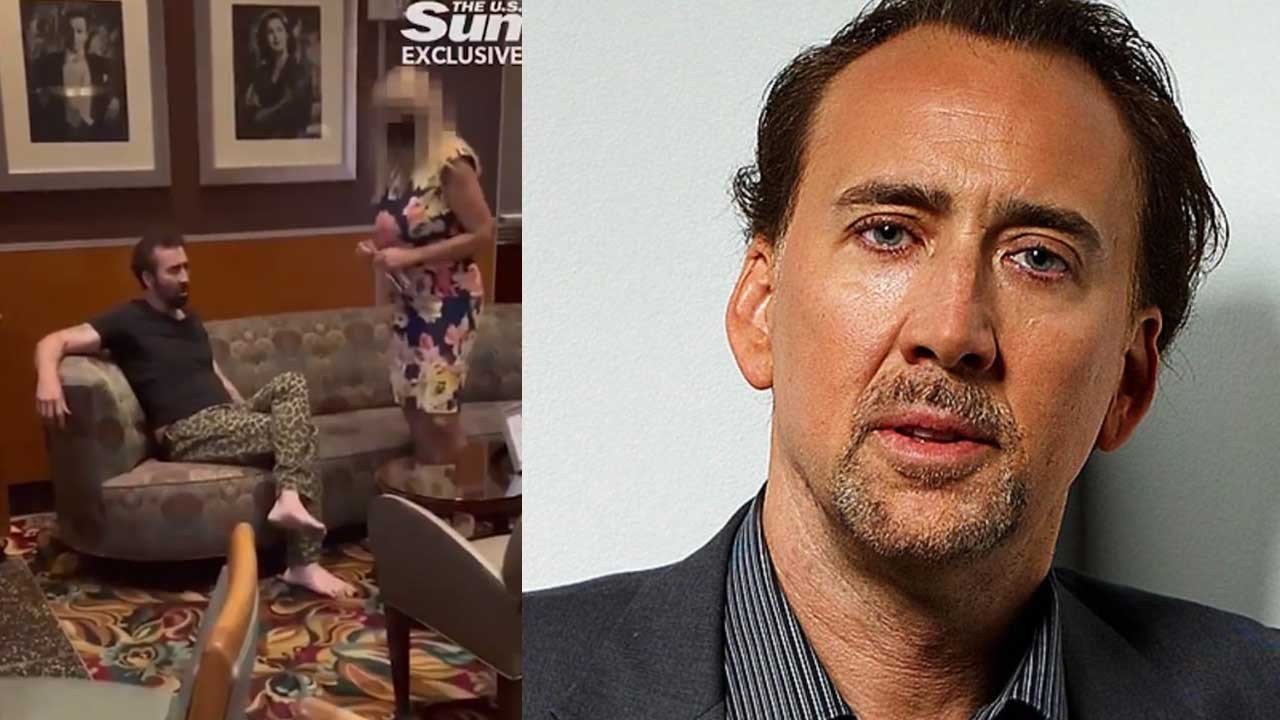Nicolas Cage em restaurante chique, com funcionário pedindo para ele se retirar; Nicolas Cage posado para foto