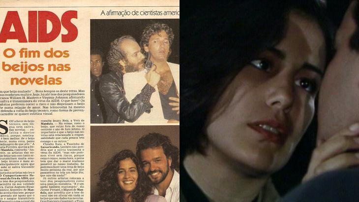 Tela dividida com uma reportagem dos anos 80 falando sobre a AIDS e com um par romântico de novela