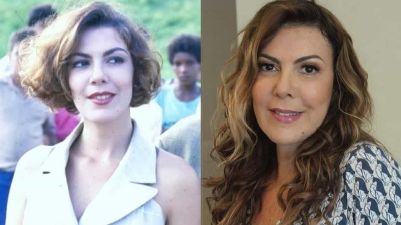 À esquerda, Claudia Lira como Kika na novela Renascer, exibida na Globo em 1993; à direita, a atriz hoje aos 56 anos